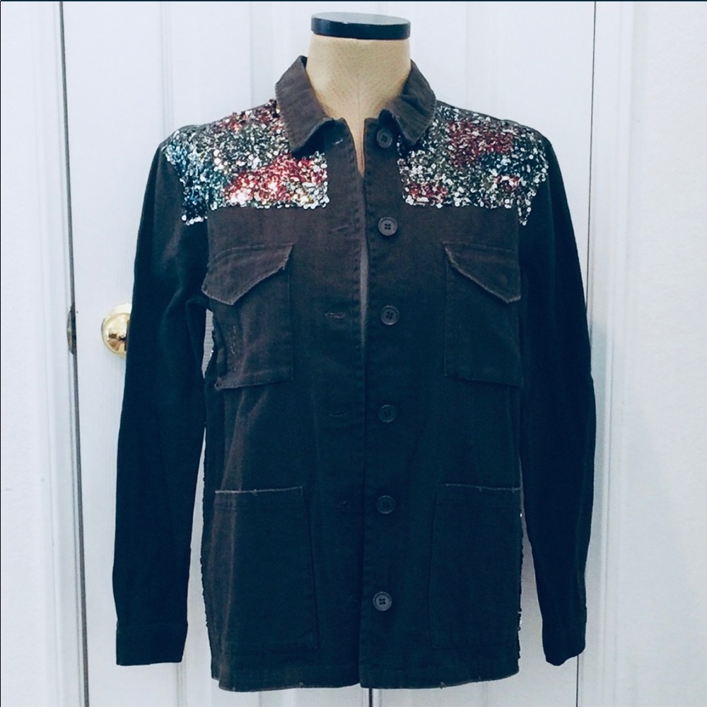 “FOREST NIGHT” OLIVE GREEN SEQUINED CARGO JACKET
